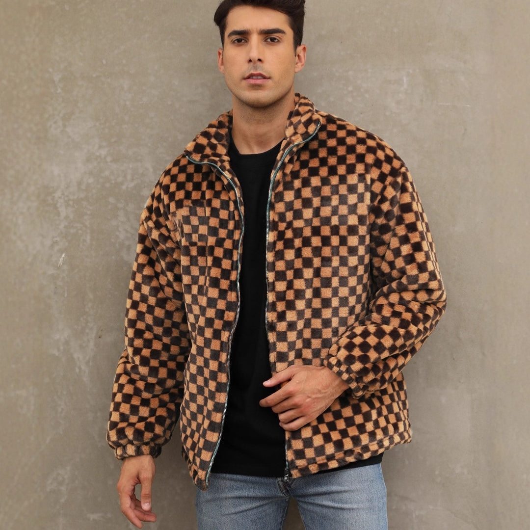 Herren Plüschjacke mit Karo-Muster und hohem Kragen EB