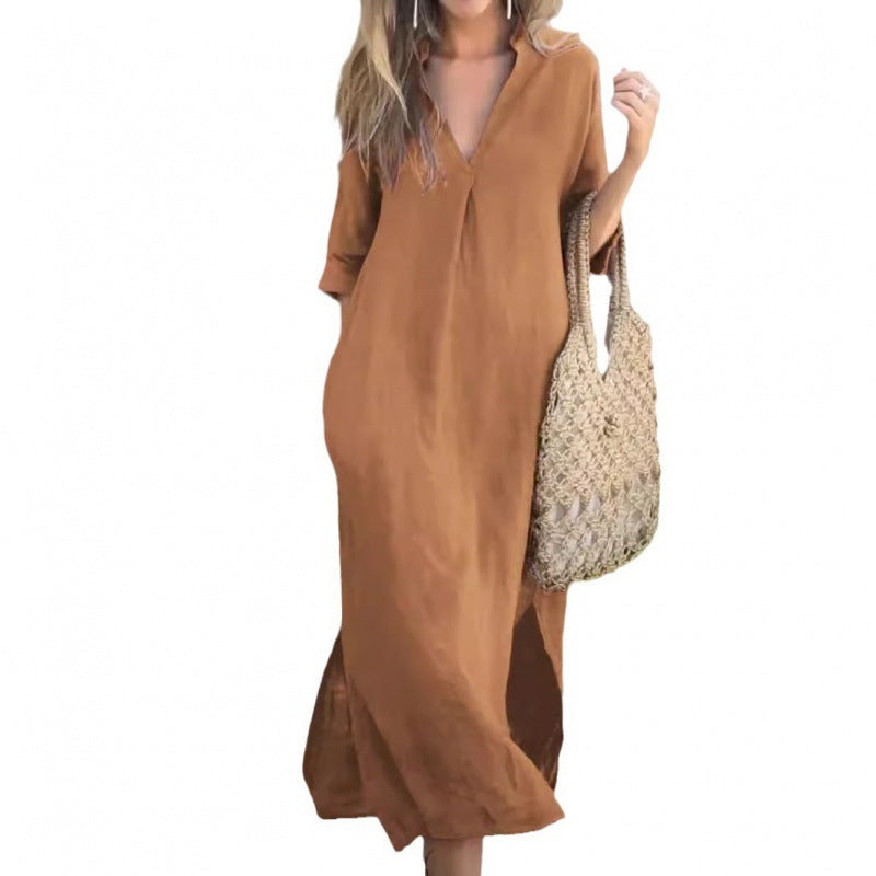 Damen Lässiges Maxikleid mit V-Ausschnitt und praktischen Seitenschlitzen EB