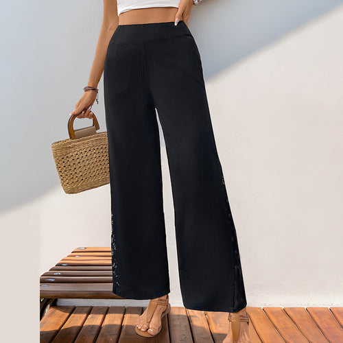 Damen Weite Stoffhose mit eleganter Spitze und hohem Bund EB