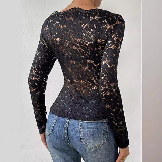 Damen Langärmliges Spitzenoberteil mit romantischem Design EB