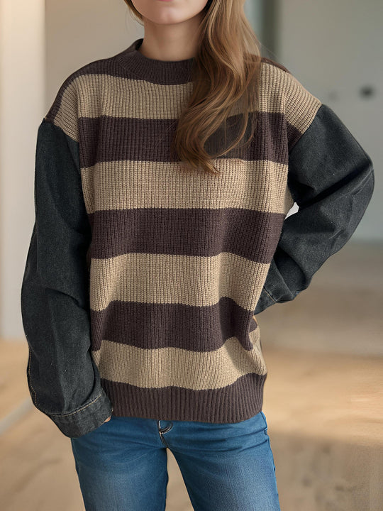 Damen lässiger Strickpullover mit auffälligem Blockstreifenmuster und weiten Ärmeln EB