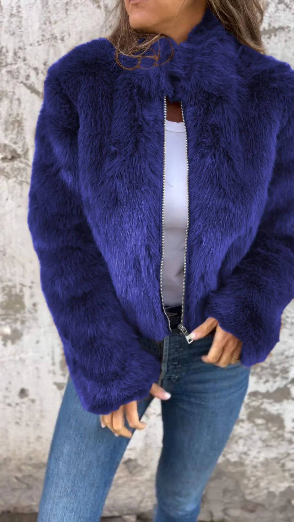 Damen kuschelige und modische Fleecejacke mit Stehkragen und Reißverschluss EB