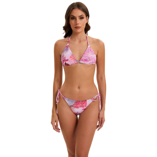 Damen Bikini-Set mit langärmeligem Crop-Top und floralem Design EB