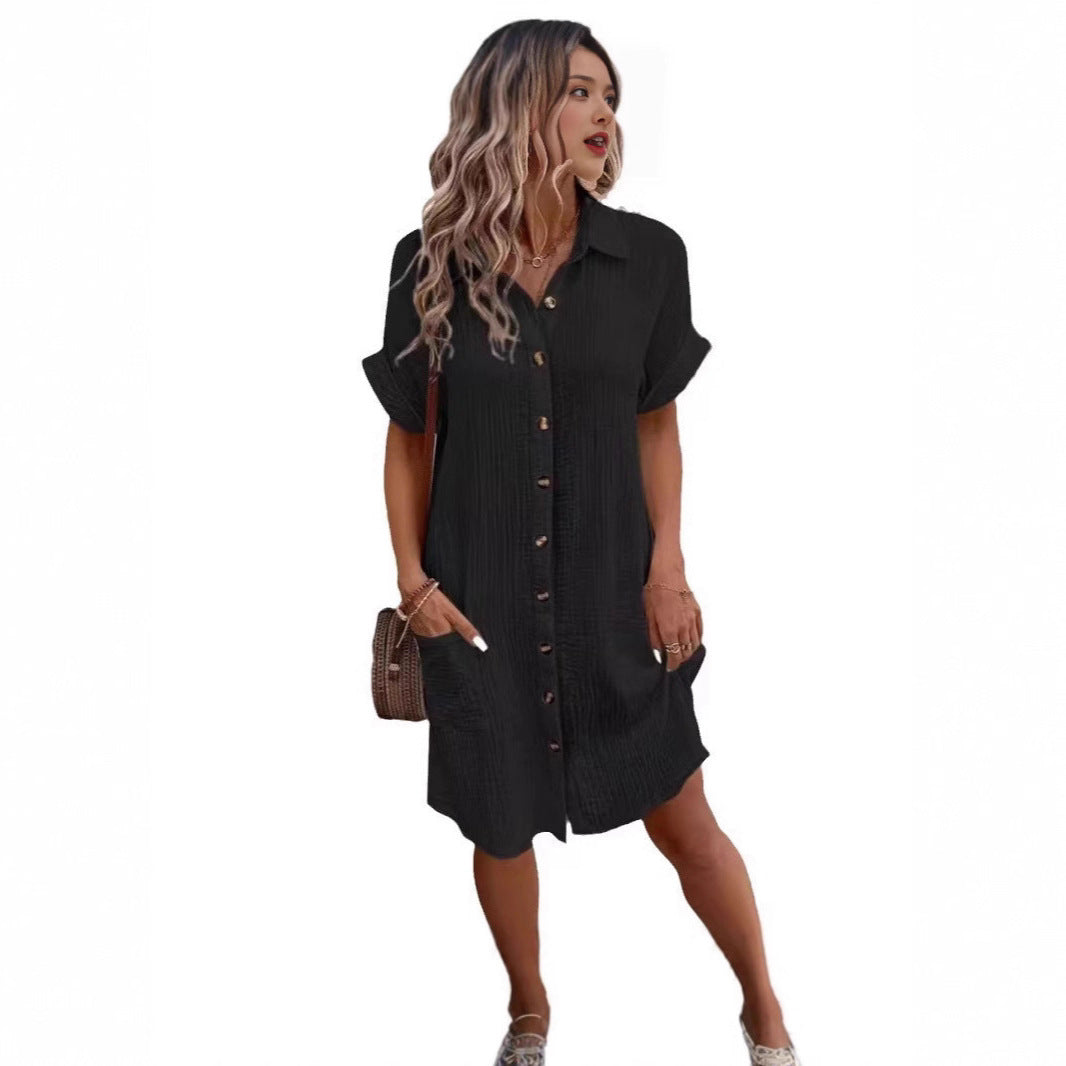 Damen lässiges Hemdblusenkleid mit Knopfdetails und Taschen EB