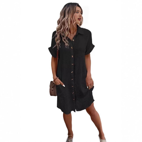Damen lässiges Hemdblusenkleid mit Knopfdetails und Taschen EB