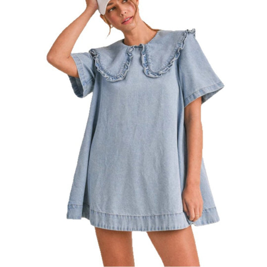 Damen Denim Kleid mit verspieltem Rüschenkragen EB