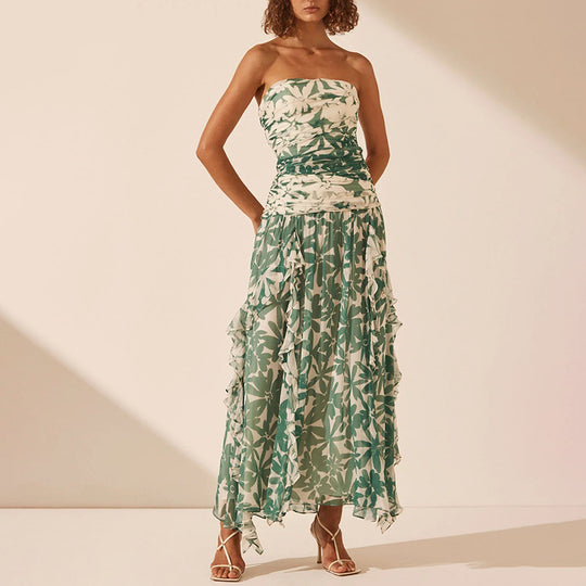 Damen schulterfreies Maxikleid mit Rüschendetails und floralem Muster EB