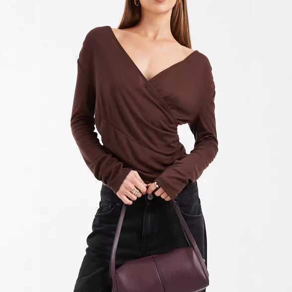 Damen Figurbetontes Wickelshirt mit V-Ausschnitt und Raffung EB