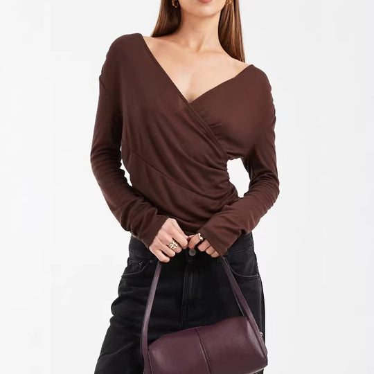 Damen Figurbetontes Wickelshirt mit V-Ausschnitt und Raffung EB