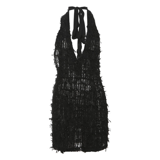 Damen Maxikleid mit raffinierten Fransen und tiefem V-Ausschnitt EB