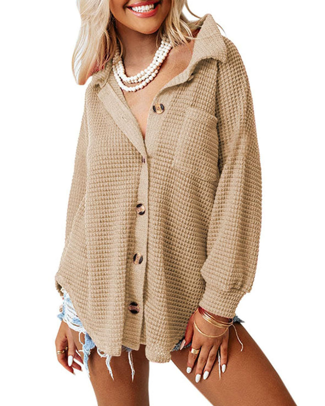 Damen lässige Waffelstruktur-Hemdjacke mit Knopfleiste EB