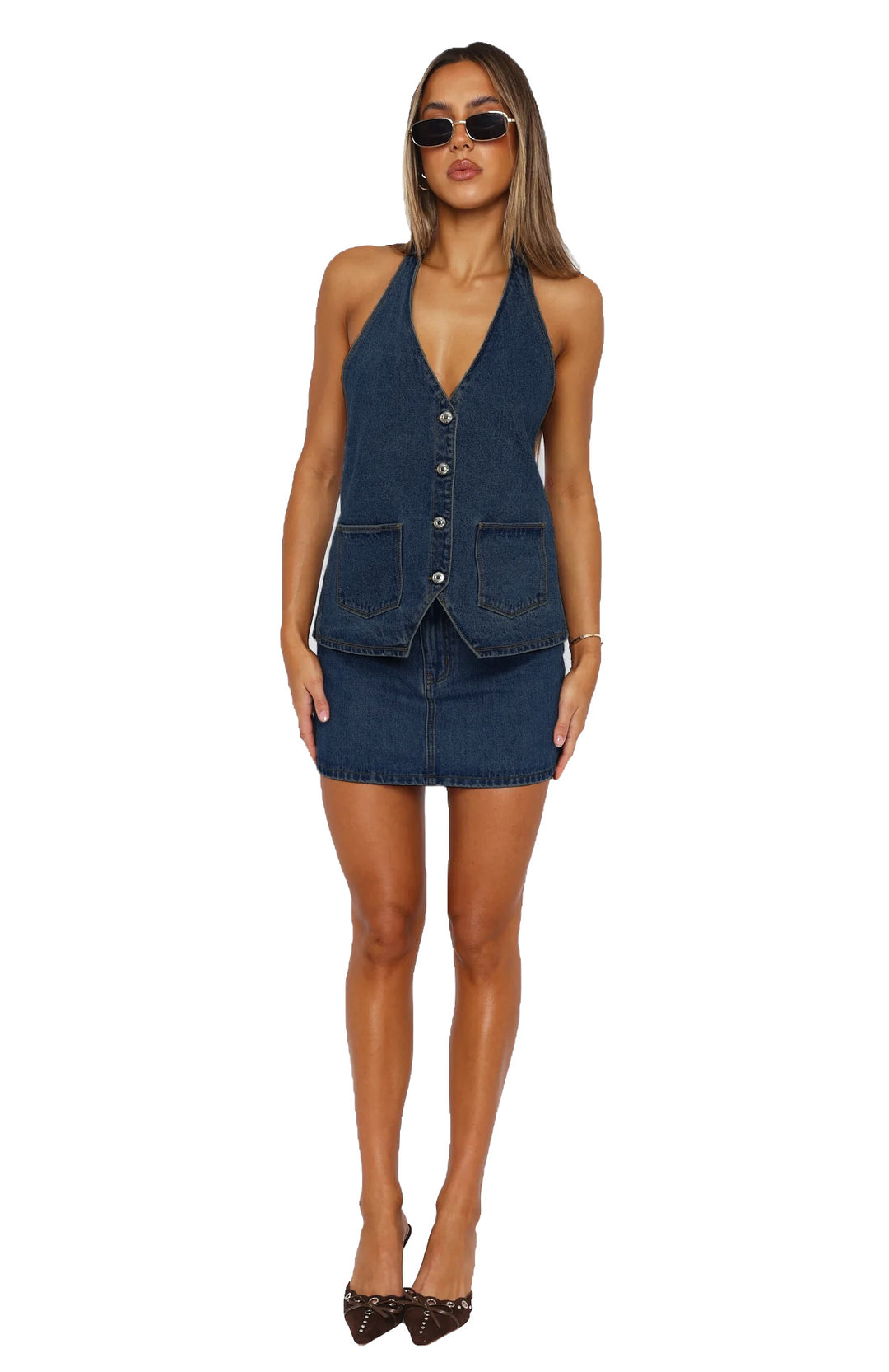 Damen Denim-Kleid mit ärmellosem Design und praktischen Taschen EB