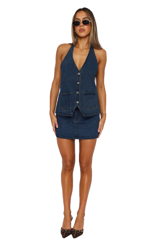 Damen Denim-Kleid mit ärmellosem Design und praktischen Taschen EB