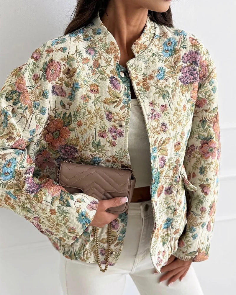 Damen Florale Jacquard-Steppjacke mit Stehkragen und elastischem Saum EB
