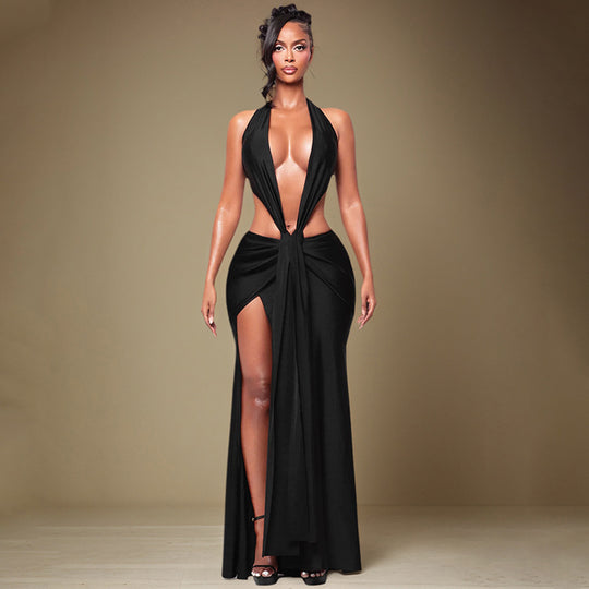 Damen Cut-Out Maxikleid mit tiefem V-Ausschnitt und drapiertem Design EB