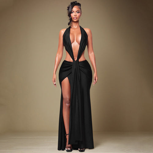 Damen Cut-Out Maxikleid mit tiefem V-Ausschnitt und drapiertem Design EB