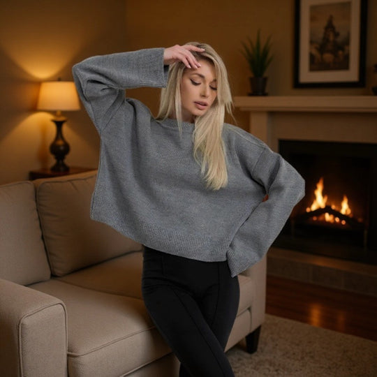 Damen cropped Strickpullover mit voluminösen Ärmeln und Rundhalsausschnitt EB