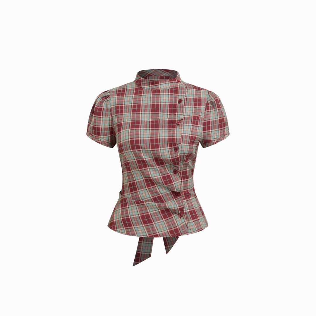 Damen Karierte Bluse mit hoher Taille und Puffärmeln EB