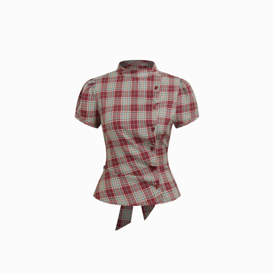 Damen Karierte Bluse mit hoher Taille und Puffärmeln EB