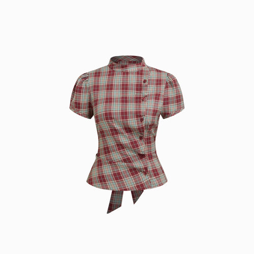 Damen Karierte Bluse mit hoher Taille und Puffärmeln EB