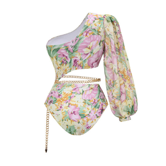 Damen Einseitiger Badeanzug mit floralen Mustern und glamouröse Kette EB