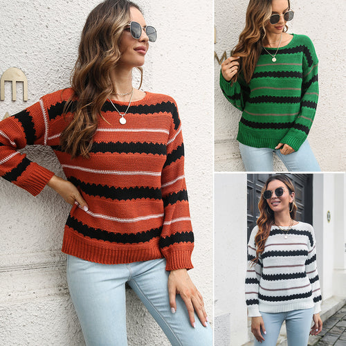 Damen Strickpullover mit modischem Streifenmuster EB