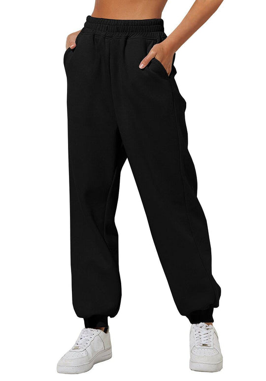 Damen nan weite High‑Waist Jogginghose mit soften Bügelfalten, elastischem Komfortbund und gerippten Knöchelbündchen EB