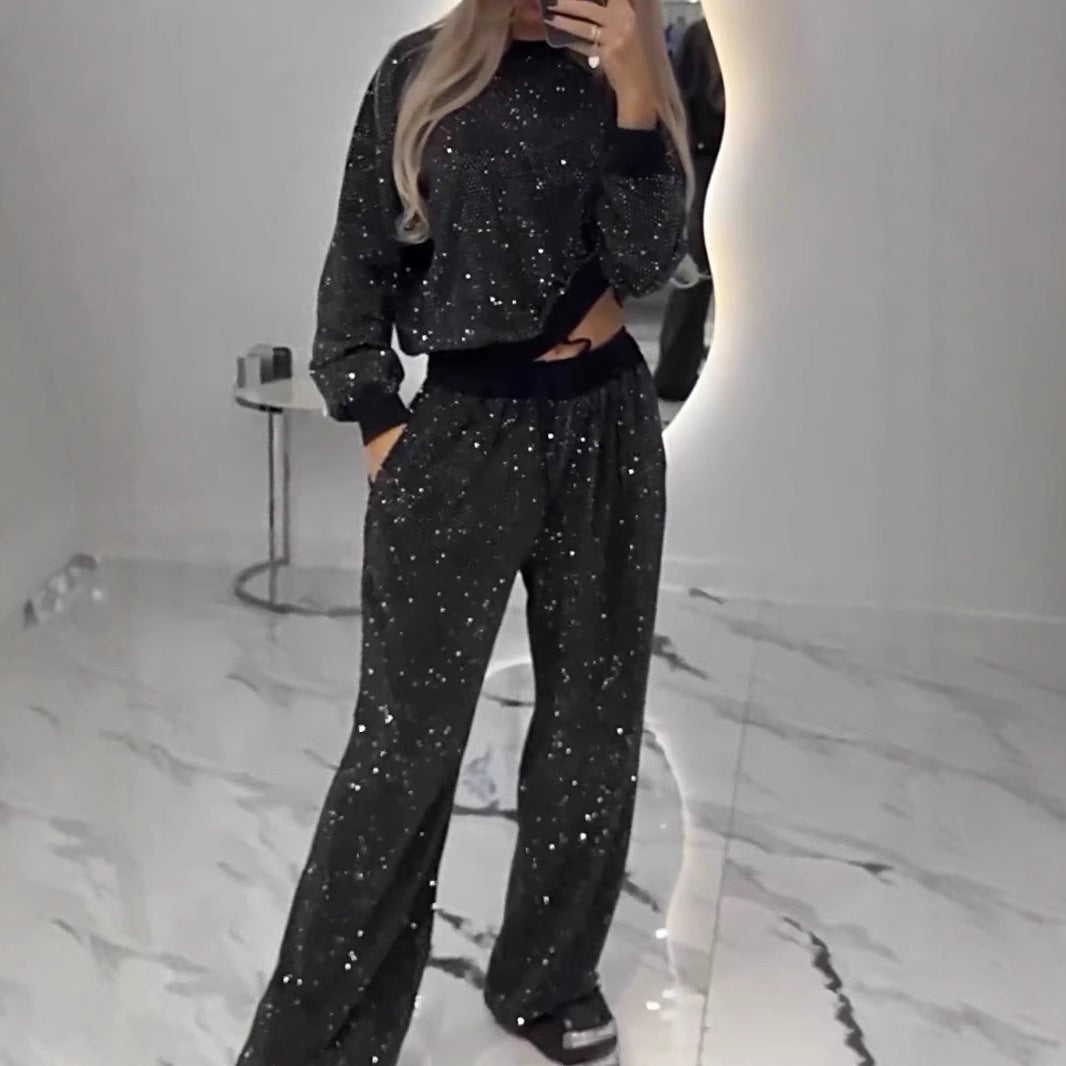 Damen Glitzerndes Freizeitset mit Cropped Sweater und bequemer Hose EB