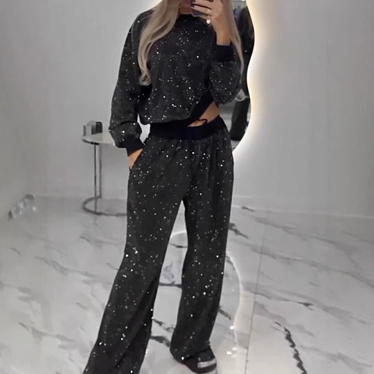 Damen Glitzerndes Freizeitset mit Cropped Sweater und bequemer Hose EB