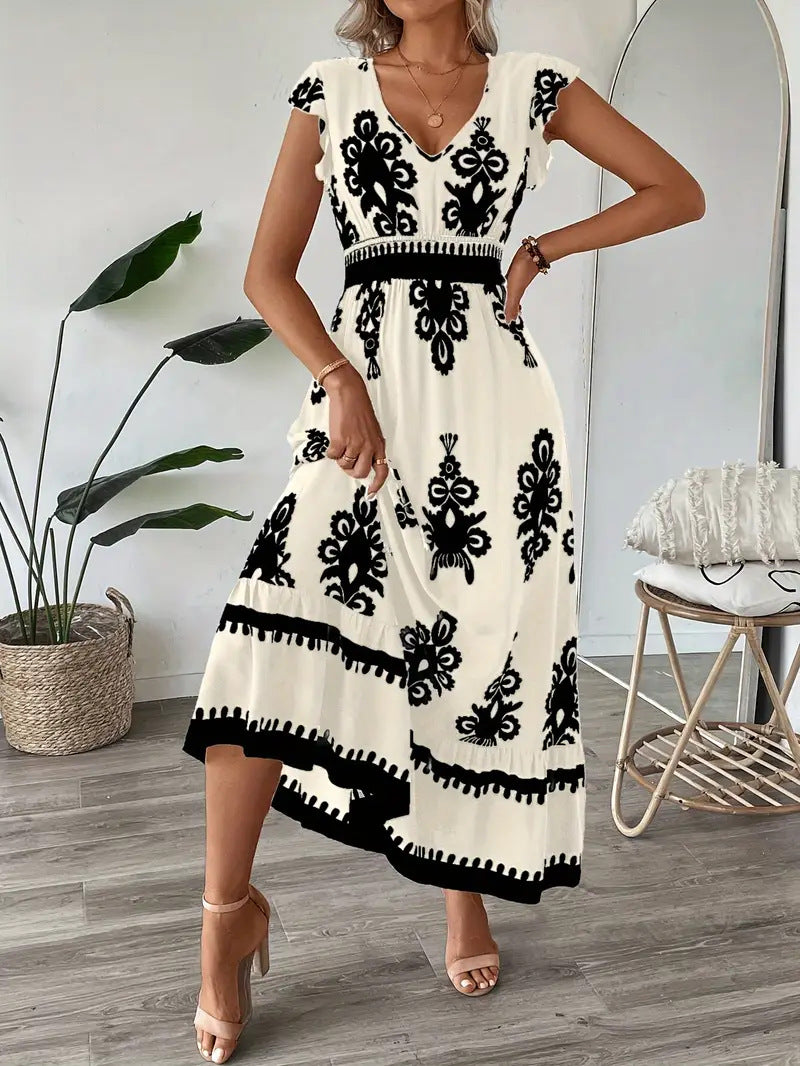 Damen Maxikleid mit floralem Muster und V-Ausschnitt EB
