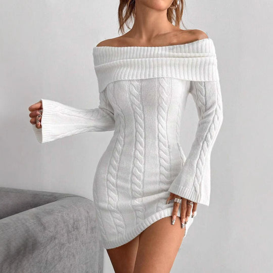 Damen Off-Shoulder Strickkleid mit Zopfmuster und voluminösen Ärmeln EB