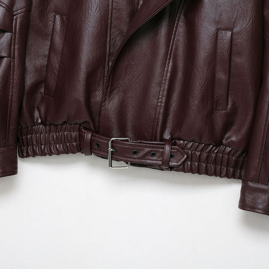 Damen modische Kunstlederjacke mit elegantem Schnitt und verstellbarem Taillengürtel EB
