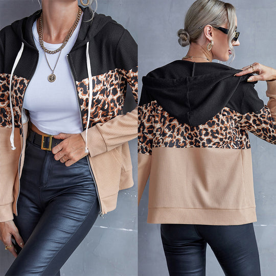 Damen modische Kapuzenjacke mit Tierdruck und kontrastierenden Ärmeln EB