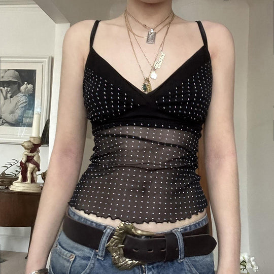 Damen Verspieltes Spaghetti-Trägertop mit transparenten Akzenten und Punkten EB