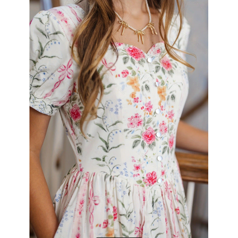 Damen Maxikleid mit floralem Design und langen Puffärmeln EB