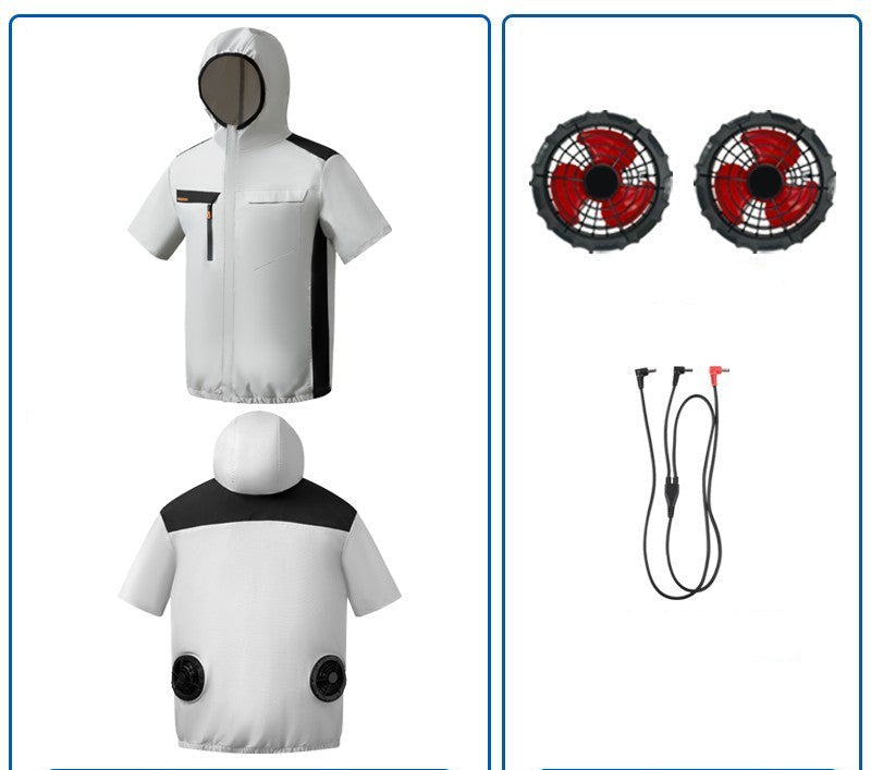 Unisex nan belüftete Kurzarm-Kapuzenjacke mit integrierten Rücklüftern, USB-Anschluss und elastischem Saum R&B