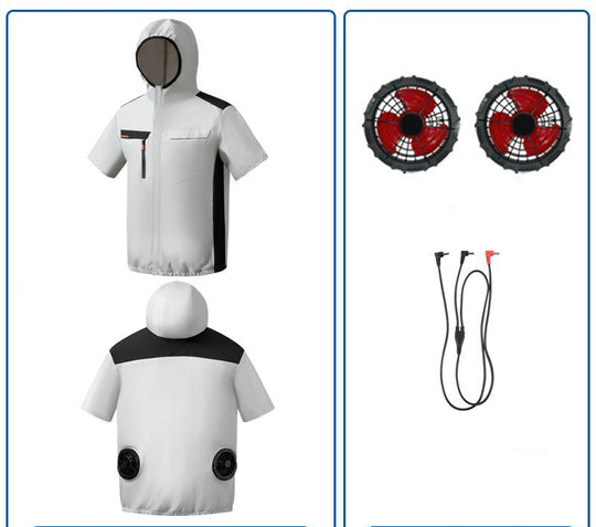 Unisex nan belüftete Kurzarm-Kapuzenjacke mit integrierten Rücklüftern, USB-Anschluss und elastischem Saum R&B