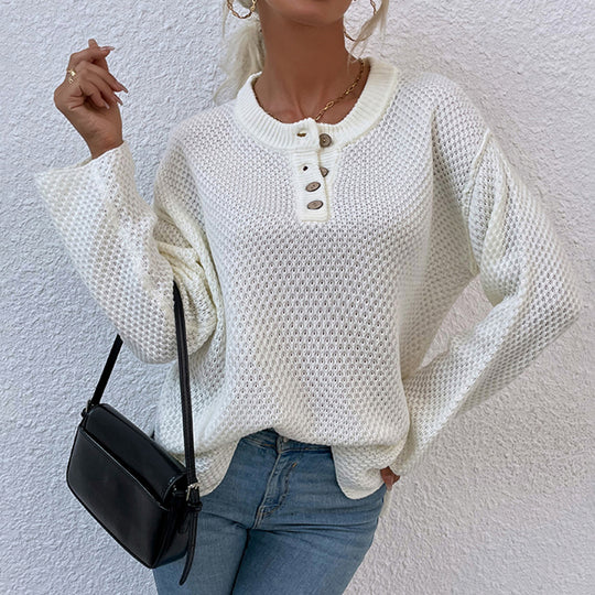 Damen gemütlicher Strickpullover mit Knopfleiste und breiten Ärmeln EB