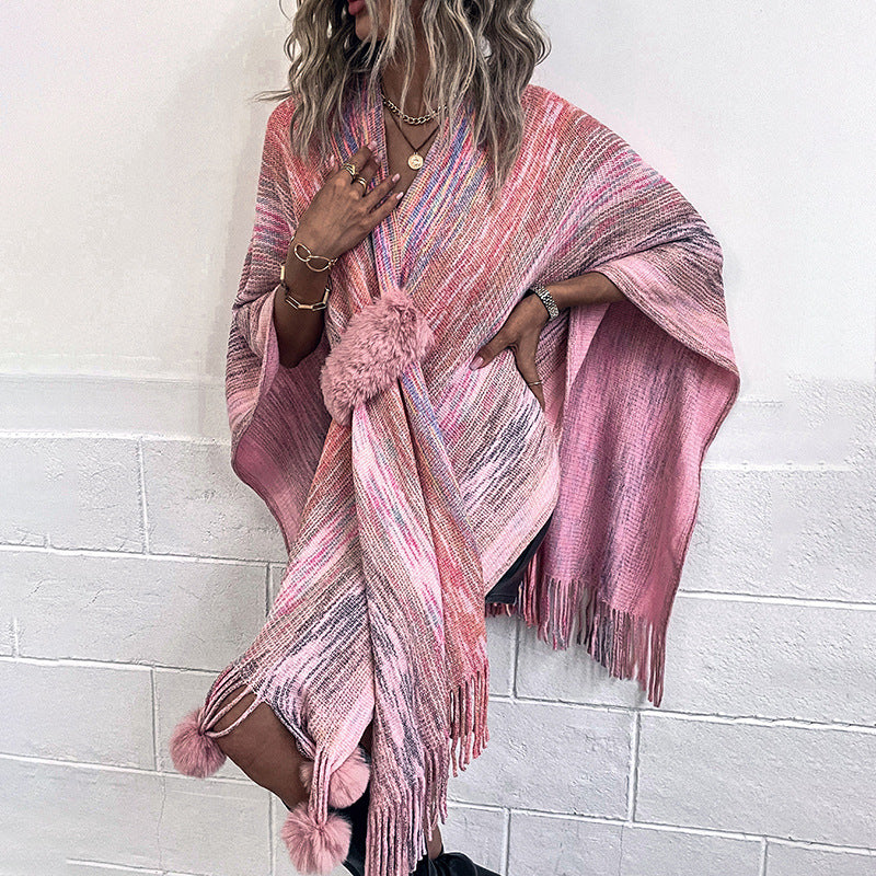 Damen modischer Poncho mit luxuriösem Kunstfellbesatz und kreativen Fransen EB