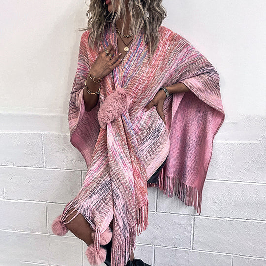 Damen modischer Poncho mit luxuriösem Kunstfellbesatz und kreativen Fransen EB