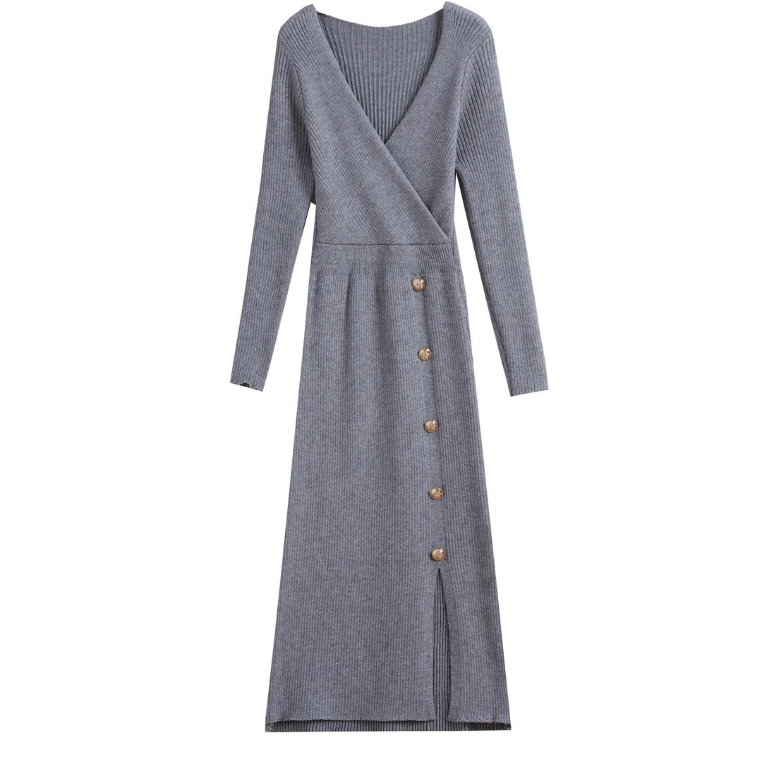 Damen Strickkleid mit Wickeloptik und Knopfdetails EB