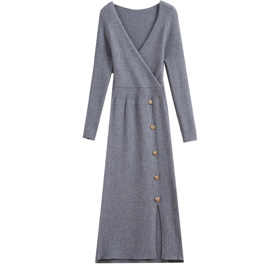 Damen Strickkleid mit Wickeloptik und Knopfdetails EB