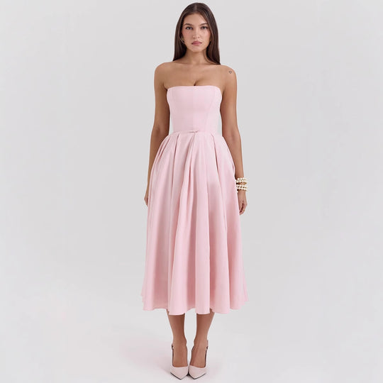 Damen Taillesenkende Midi-Kleid mit schulterfreiem Design und eleganter Faltenstruktur EB