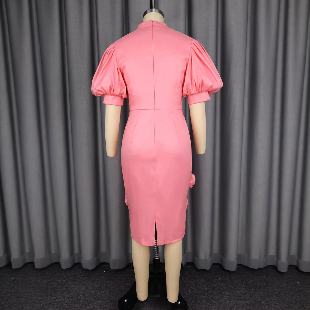 Damen Elegantes Kleid mit voluminösen Puffärmeln und floralem Akzent EB