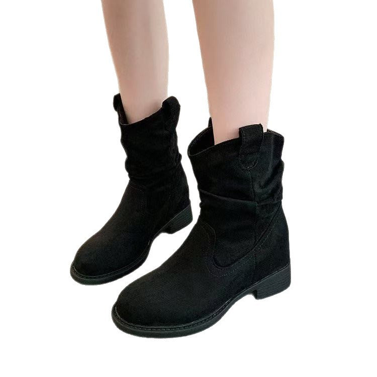 Damen Modische Stiefeletten mit lässigem Falten-Design und bequemem Blockabsatz EB