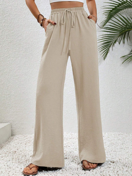 Damen weite Palazzo-Hose mit elastischem Bund und seitlichen Taschen EB