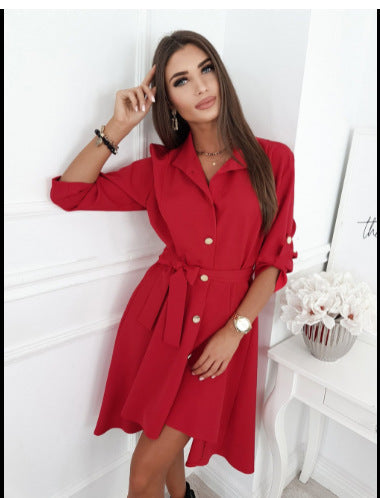 Damen Elegantes Hemdblusenkleid mit Taillengürtel und Knopfdetails EB