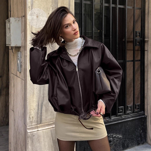 Damen lässige Oversized-Jacke mit Reißverschluss und breitem Kragen EB