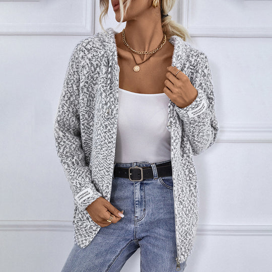 Damen kuschelige Strickjacke mit hohem Kragen und praktischem Reißverschluss EB