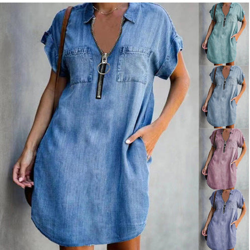 Damen Freizeit Denim-Kleid mit praktischen Taschen und Reißverschluss EB